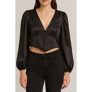 Forever 21 Black Satin Corset Style Long Sleeve Top Size Medium